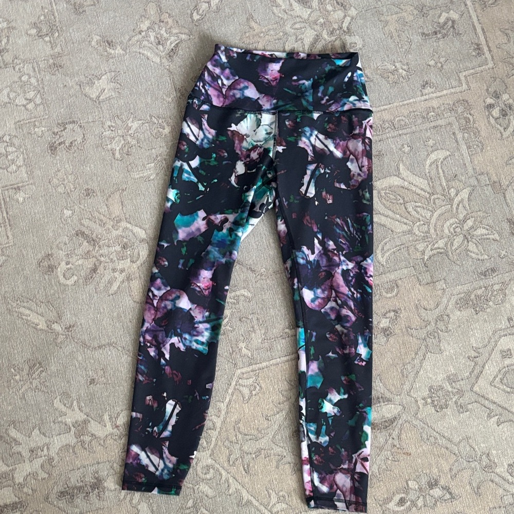 RBX Black Floral Abstract Print Leggings with Purple & Teal Accents